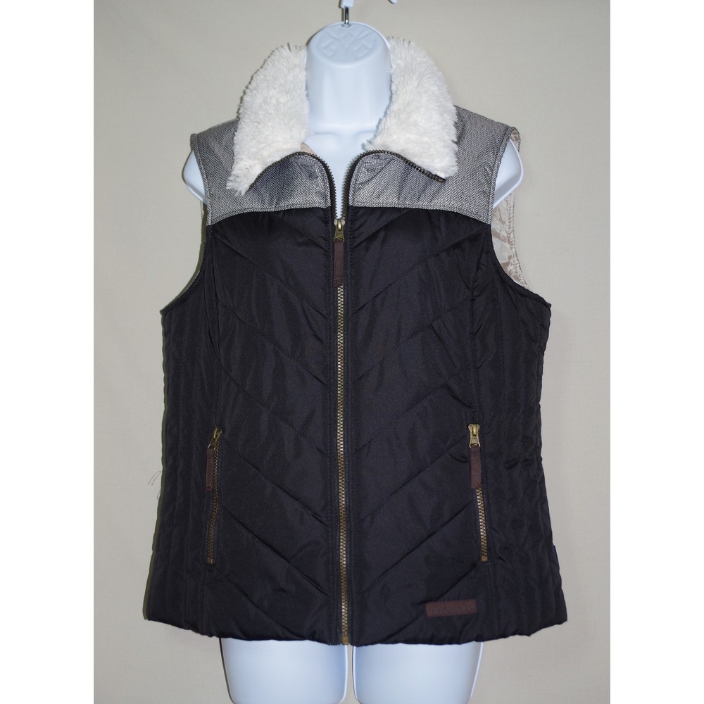 GH Bass Women Large Black Quilted Puffer Vest Faux Fur Collar Grey Herringbone
